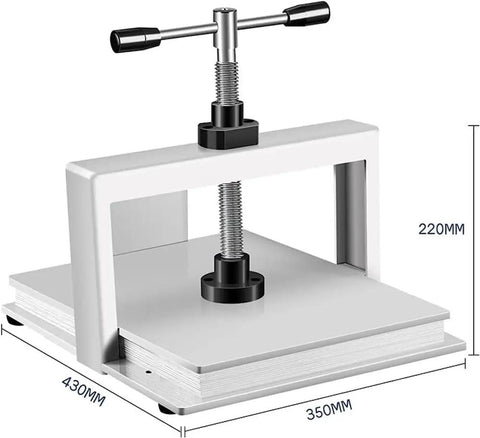 Game Changing Heavy Duty Steel Book Press Machine Built To Flatten Wrinkled A3 And A4 Sheets With Double Balance Rod and Serious Squeeze Workhorse viewed from the side with measurements.
