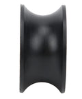 Black nylon-coated roller pulley wheel with deep U-shaped groove, side view.