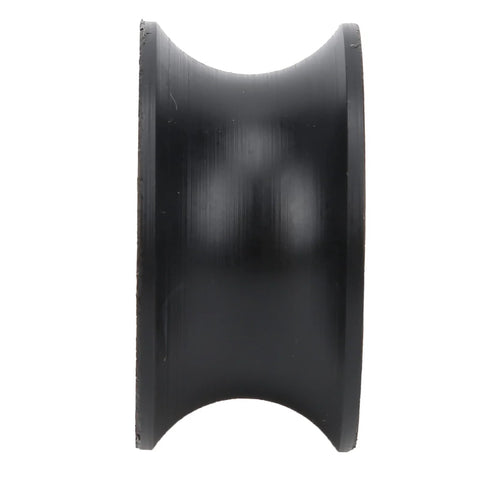 Black nylon-coated roller pulley wheel with deep U-shaped groove, side view.