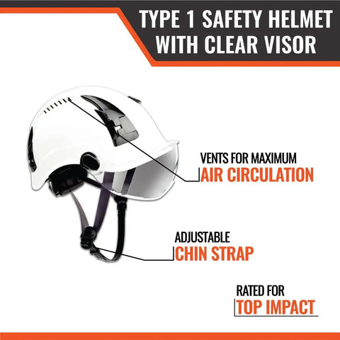 Fall Protection Safety Helmet For Construction With Adjustable Vents And Clear Visor Lightweight Hard Hat shown at side angle
