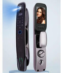 Total Game Changer Outdoor Security Gate Featuring Quick Swipe Fingerprint Lock, Smart Video Doorbell, And Foolproof Keyless Entry For Worry Free Home Protection, close-up of smart door lock with keypad and video screen.