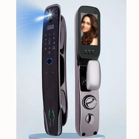 Total Game Changer Outdoor Security Gate Featuring Quick Swipe Fingerprint Lock, Smart Video Doorbell, And Foolproof Keyless Entry For Worry Free Home Protection, close-up of smart door lock with keypad and video screen.