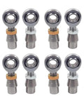Heavy Duty Chromoly Heim Joints Set With Weld In Bungs 1/2 Inch Bore 5/8x18 Thread arranged in pairs, showing chrome plated finish.