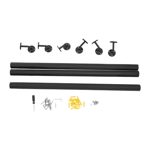 Badass Wall Mounted Stair Handrail Heavy Duty Stainless Steel Black Cylinder Design Killer Grip components including pipes and brackets.