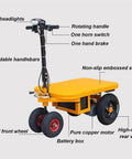 Heavy Duty Electric Platform Truck Cart That Is Portable And Foldable With Smooth Wheels For Moving Groceries, Tools In Garage Or Warehouse Without Breaking Your Back, showcasing features like foldable handlebars and LED headlights.
