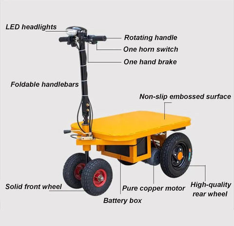 Heavy Duty Electric Platform Truck Cart That Is Portable And Foldable With Smooth Wheels For Moving Groceries, Tools In Garage Or Warehouse Without Breaking Your Back, showcasing features like foldable handlebars and LED headlights.