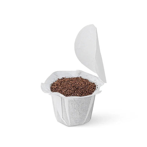 150 Pack Coffee Filter Paper Cup Holders For K Cup Style Machines With Covers shown with coffee grounds inside