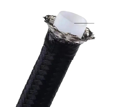 Top Grade E85 Ready Nylon Braided PTFE Fuel Line Kit With Swivel Hose Ends In An6 An8 And An10 Sizes For Hot Rigs And Street Racer Builds Featuring Long 10ft Length In Durable Black Finish To Upgrade Your Ride Today. black braided PTFE fuel line cross-section with white inner liner