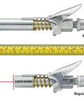 Grease Gun Coupler XL Universal Fit With 3.5 Inch Extra Reach, locking jaws and measurement comparison with ruler.