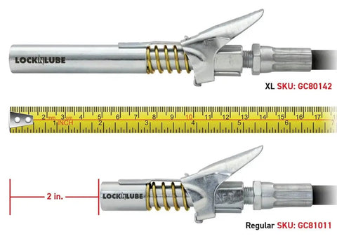 Grease Gun Coupler XL Universal Fit With 3.5 Inch Extra Reach, locking jaws and measurement comparison with ruler.