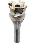 Front view of EMRW 6R 63-22+R8 face mill cutter holder with indexable carbide inserts and gray shank.