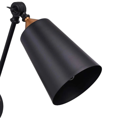 Close-up of black metal shade on Two Pack Industrial Plug In Wall Sconces With On Off Switch Vintage Edison Swing Arm Black Metal Shade For Home Or Office 55 Inch Cord Two In One Plug In Or Hardwire.