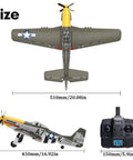 RC Airplane P51D Mustang with 3D/6G Gyro Stability, 5CH, top and side view with dimensions, includes radio controller