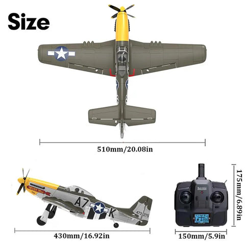 RC Airplane P51D Mustang with 3D/6G Gyro Stability, 5CH, top and side view with dimensions, includes radio controller