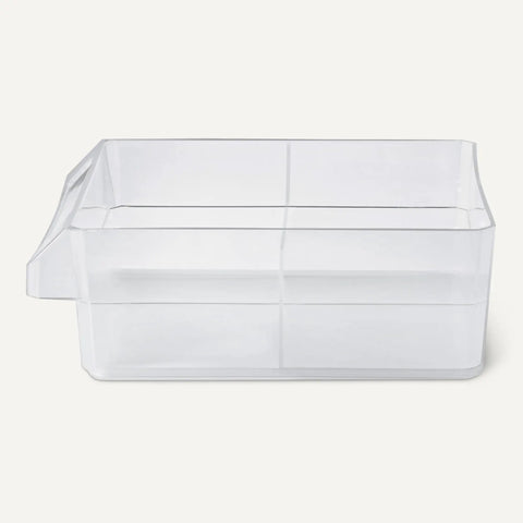 Side view of a clear plastic organizer bin with compartments for sorting small parts, ideal for office or craft use.
