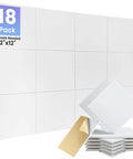 18 Pack Self Adhesive Acoustic Panels For Walls High Density Soundproof Foam Tiles 12 Inch Square White Squares displayed with self-adhesive backing.