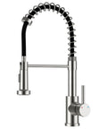 Kitchen Faucets with Pull Down Sprayer, Brushed Nickel, featuring a flexible black coil hose and a single lever handle for easy use.