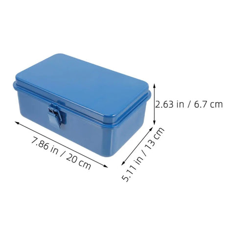 Classic Vintage Blue Metal Toolbox And Portable Tool Organizer For Auto Repair Job Site Storage Home Fix Ups Heavy Duty Rolling Gear Rack With Badass Grip Latches, measuring 20x13x6.7 cm.