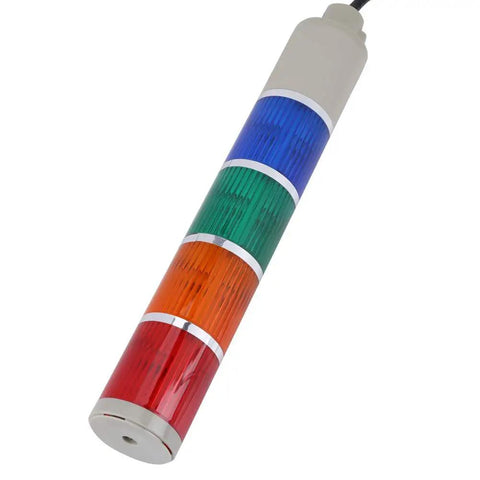 Multi Color LED Alarm Tower Light Indicator with four stack levels in red, green, yellow, blue for industrial factory automation.