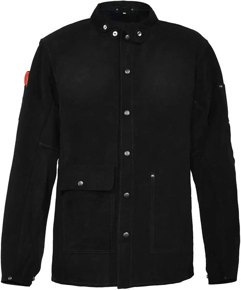 Heavy Duty Black Leather Welding Jacket Built Tough With Flame Retardant Split Cowhide Leather From Neck To Waist Full Coverage Protection From Flame And Spatter Durable Construction For Pro Welders Size Small, front view