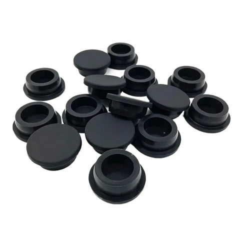 Black silicone rubber plug seals for holes, universal pipe cap for machinery, irrigation, automotive vacuum ports, assorted sizes.