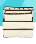 Four Piece Plastic Drawer Organizers With Six Seven Eight Compartments In Warm Beige For Top Shelf Closet Sorting And Office Cleanup That Keeps All Your Gear Neatly Stacked Without The Sweat, stacked view with brown trim.