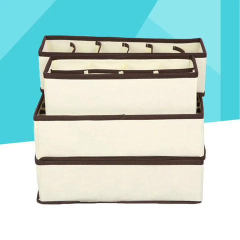 Four Piece Plastic Drawer Organizers With Six Seven Eight Compartments In Warm Beige For Top Shelf Closet Sorting And Office Cleanup That Keeps All Your Gear Neatly Stacked Without The Sweat, stacked view with brown trim.