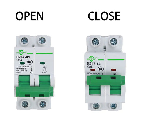 Miniature Circuit Breaker 3 Pack DZ47 63 110/240V 2 Pole 16A MCB shown open and closed for home and solar installations