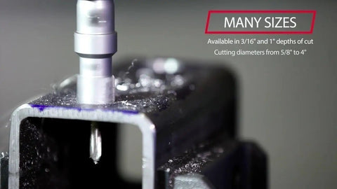 Three And Three Eighths Inch Carbide Tipped Hole Saw Cutter In Action On Metal Surface For Heavy Duty Metalworking