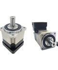 Heavy Duty NEMA34 Motor Reducer Paired With Precision Planetary Gearbox And Helical Build shown from two angles, metallic body for reliable heavy load backing.