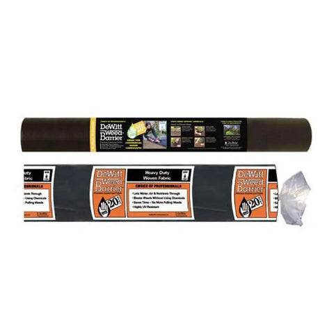 Commercial-Grade Weed Control Fabric 4 Ft By 250 Ft roll, showing packaging, Tough-As-Nails woven landscape barrier for outdoor use.