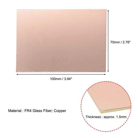 Single Sided Copper Clad FR4 PCB Laminate Board 100x70mm 1.5mm Thick Built For DIYers Prototyping Projects Great For Hobbyists And Makers Easy To Cut Etch And Solder 10pcs Pack with measurements