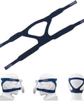 Blue CPAP headgear replacement strap for full-face mask, universal fit, without clips, shown on mannequin.