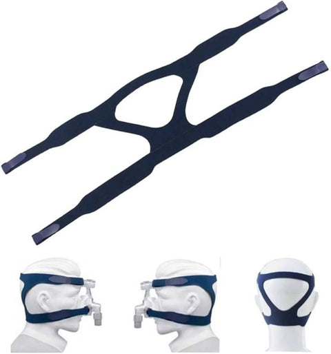 Blue CPAP headgear replacement strap for full-face mask, universal fit, without clips, shown on mannequin.