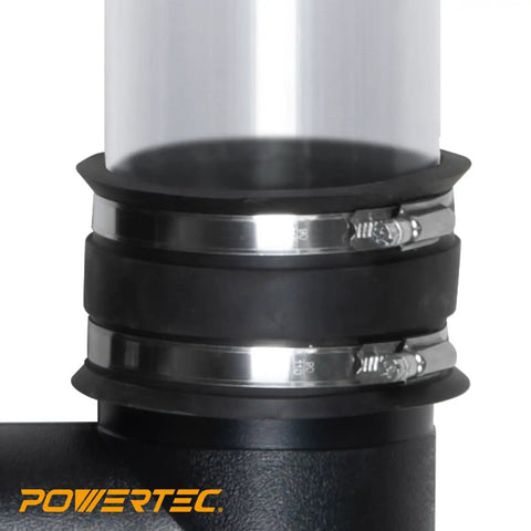 Close-up of Dust Control Flex Cuff with steel clamps creating airtight seal between two 2.5-inch dust collection ports.