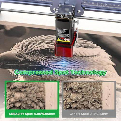 Creality Falcon 5W laser engraver head on metal rail; red housing with blue laser beam; 0.06×0.06mm spot size shown.