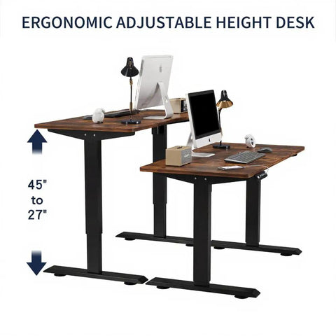 Rock Solid Electric Standing Desk With Dual Motor Lift System For Heavy Duty Home Office And Gaming Setup Adjustable Height Computer Table In Rich Rustic Brown Finish Supports Up To 176 Lbs Smooth Silent Operation showing height adjustment.