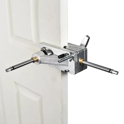 Two And One Eighth Inch Carbide Tipped Multi Spur Bit attached to a door for precise hole cutting with half inch shank visible.