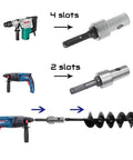Pro Grade Round Shank Auger Power Drill Adapter For Earth Augers Converts Electric Drills To Ground Drills Use With Corded Or Cordless Drills Compatible With SDS Rotary Hammer Tools Two Groove Round Shank, showing adapter and drills.