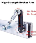Front view of a DC24V reciprocating linear actuator with a rocker-arm linkage mounted to a metal base; stroke 0.78–3.15 in, thrust up to 40 lb.