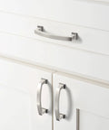 Brushed Satin Nickel Cabinet Pulls 4 Inch 102mm Hole Center Kitchen Handles installed on white cabinets