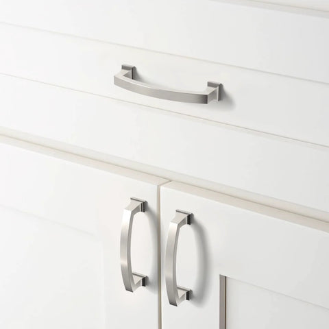Brushed Satin Nickel Cabinet Pulls 4 Inch 102mm Hole Center Kitchen Handles installed on white cabinets