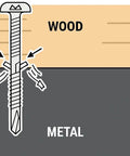 Self-drilling wood-to-metal screw illustration with Torx head penetrating wood into metal.