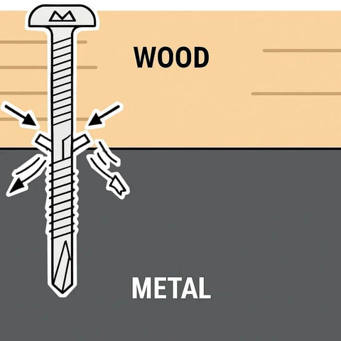 Self-drilling wood-to-metal screw illustration with Torx head penetrating wood into metal.