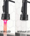 Led Light Kitchen Faucet With Pull Down Sprayer In Matte Black 304 Stainless Steel showing LED and non-LED spray modes