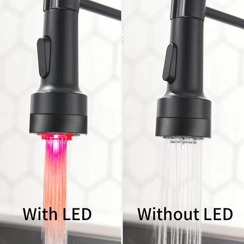 Led Light Kitchen Faucet With Pull Down Sprayer In Matte Black 304 Stainless Steel showing LED and non-LED spray modes