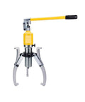 Heavy Duty 5 Ton Hydraulic Puller With Interchangeable Two And Three Jaw Claws For Bearing Removal And Hub Extraction, features yellow handle and alloy steel construction.