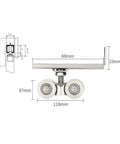 Built Like A Rock Heavy Duty Sliding Door Rollers Set Of 4 Boast Zinc Alloy Double Wheels with dimensions shown.