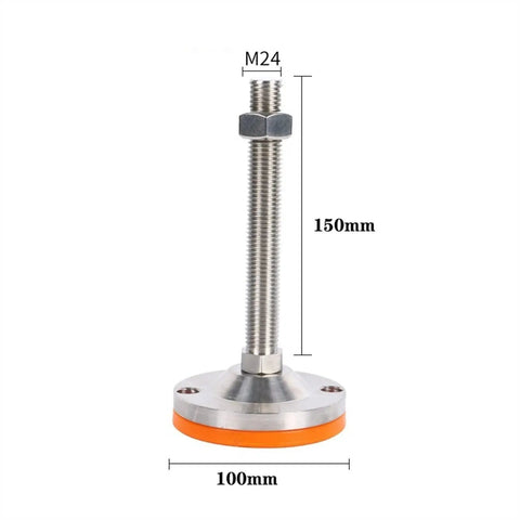 Heavy Duty Adjustable Screw Leg Levelers Four Pack With Wide Round Feet Designed For Industrial Machines And Rack Systems Solid Carbon Steel, 150mm height, 100mm wide foot.
