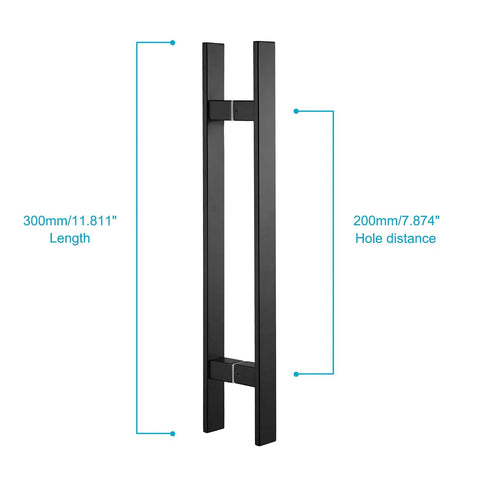 12 Inch Solid Stainless Steel Push Pull Door Handle Set For Barn Glass Doors Heavy Duty Built To Last 304 Stainless Steel Standoffs Matte Black Finish And Glass Pulls, 300mm length, 200mm hole distance